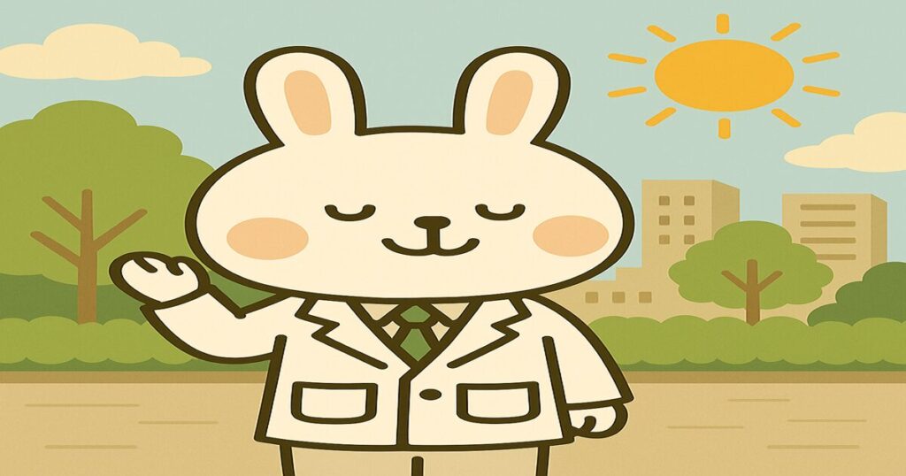 白衣を着たうさぎの薬剤師・みどりんが、街中の公園で日光を浴びながら目を閉じてリラックスしている様子。背景には太陽とビル、緑の木々が描かれ、穏やかな昼間の雰囲気。